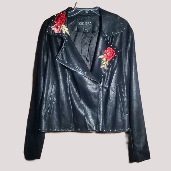Forever 21 Plus+ Floral Embroidered Black Faux Moto Jacket - Size 3X - Picture 1 of 15